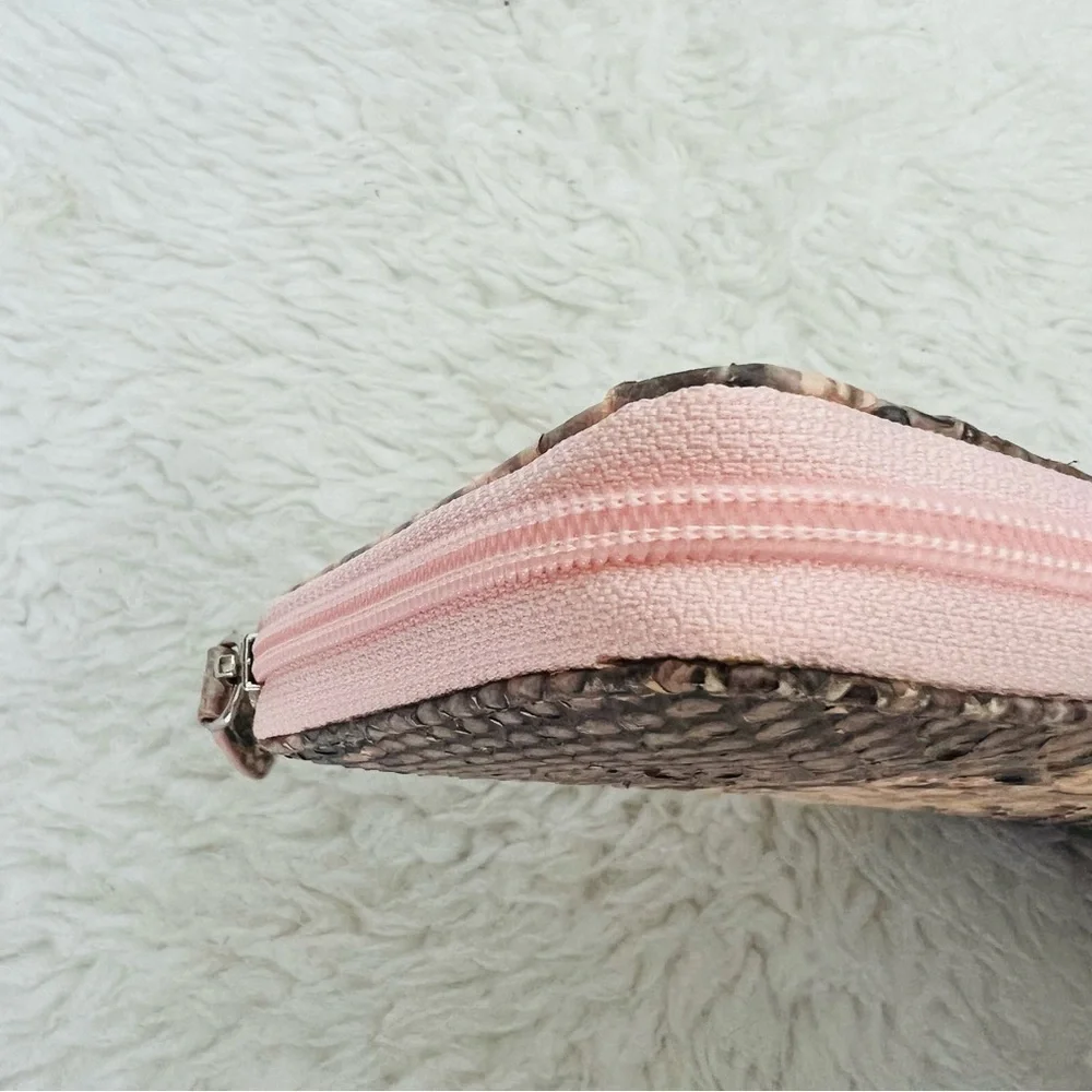Genuine Python Snake Skin Leather Pink/ Black/Gray Zip Around Long Wallet